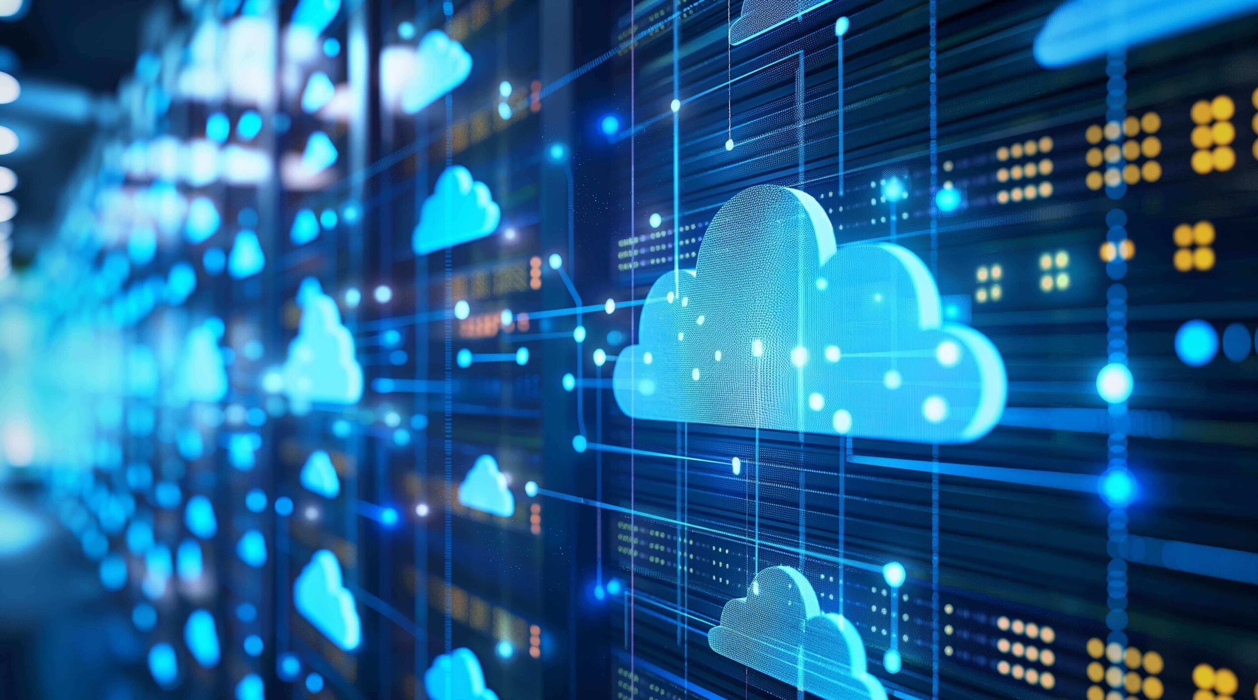 Wolken auf digitalem Hintergrund, der Daten und Server darstellen soll